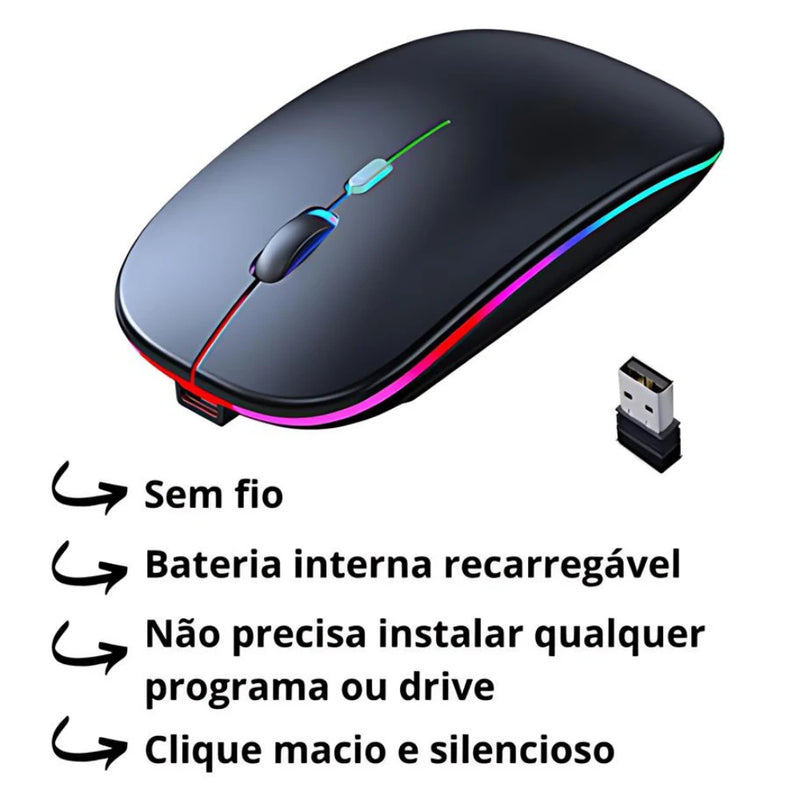 Mouse LED Sem fio, Recarregável e Ergonômico