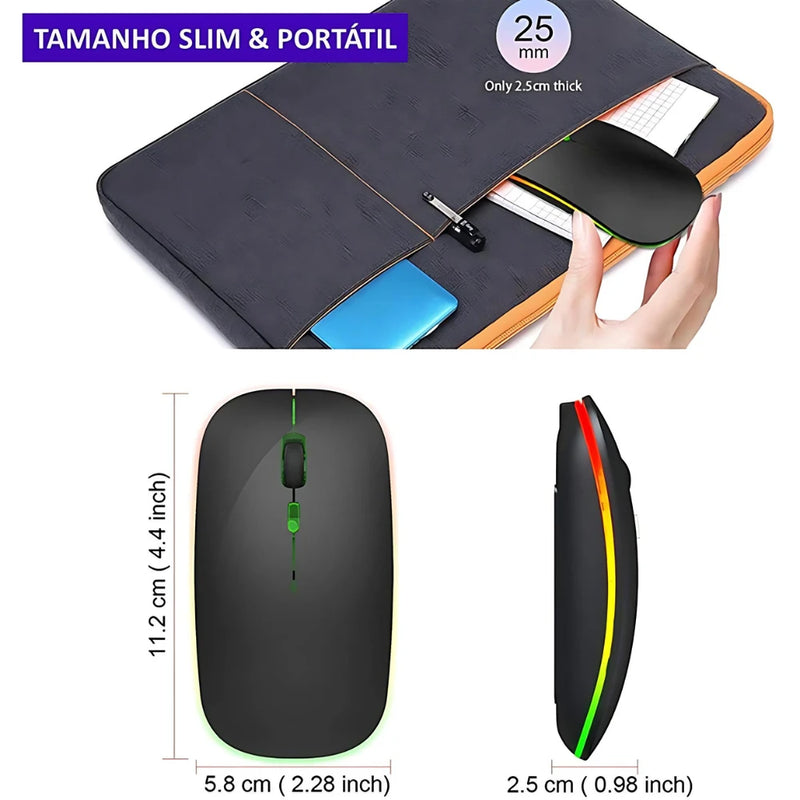 Mouse LED Sem fio, Recarregável e Ergonômico